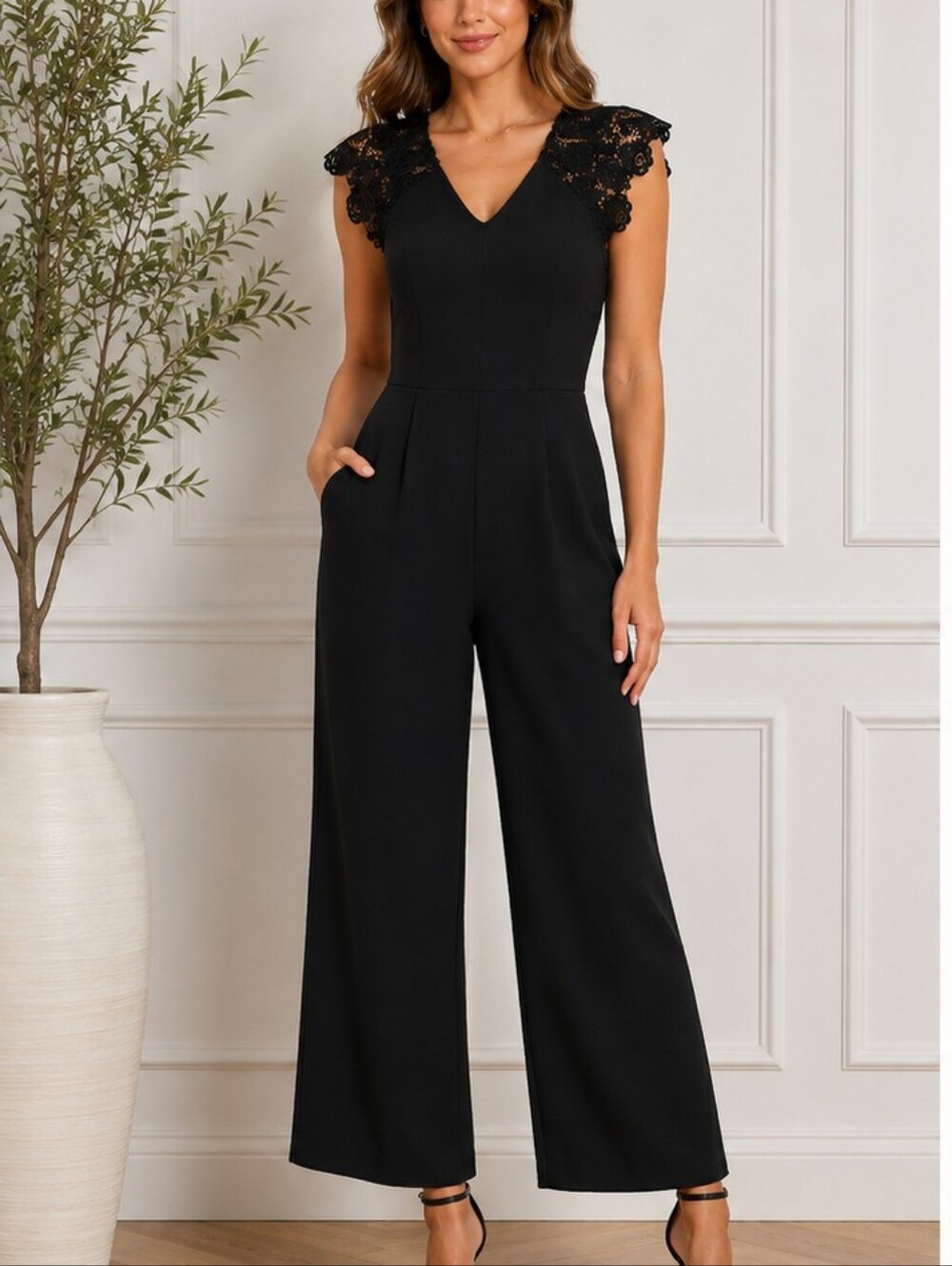 Speechless Black Lace Shoulder Wide-Leg Jumpsuit – Size Large – NWT
